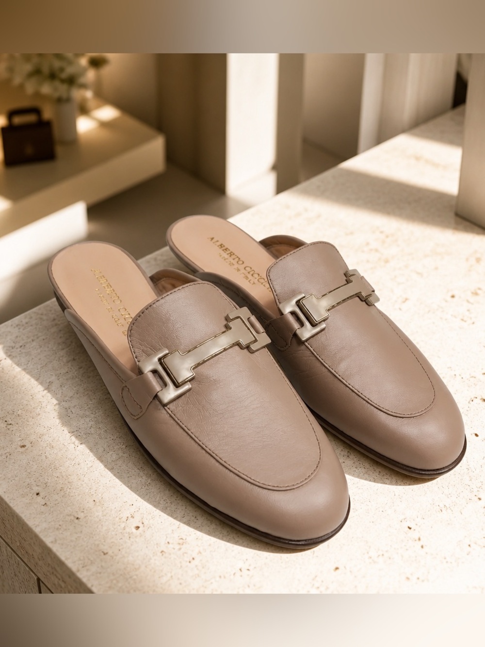 Alberto Ciccioli Women’s Taupe Soft Leather Slip-On Mules with Metal Accent